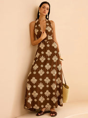 Floral Print Pocketed Halter Neck Maxi Dress