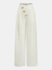 Mid-Waist Asymmetric Metal Detail Wide-Leg Pants