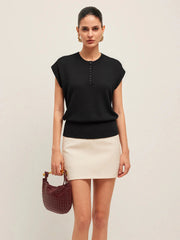 Cap Sleeve Button Cinched Knit Top