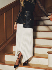 Faux Leather Paneled Asymmetric Pleated Maxi Skirt