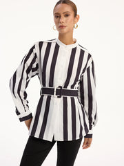 Contrast Striped Belted Shirt