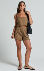 Salvador Two Piece Set - Linen Sleeveless Crop Top and High Waisted Tailored Shorts in Olive