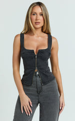 Bellerose Top - Front Zip Denim Fitted Top in Washed Black