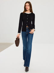 3D Floral Trim Pearl Button Cardigan