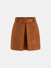 Suede Effect Belted Split Mini Skirt
