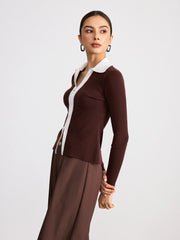 Contrast Collar Wool Blend Zip-Up Cardigan