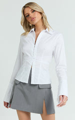 Katherine Top - Collared Plunge Flared Sleeve Top in White