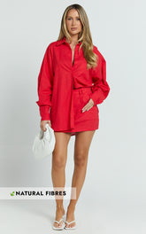 Anziel Top - Oversized Long Sleeve Linen Blend Shirt in Red