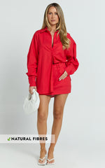 Anziel Top - Oversized Long Sleeve Linen Blend Shirt in Red