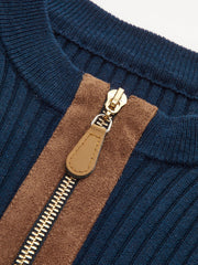 Zip-Front Suede Panel Ribbed Knit Top