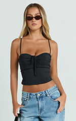 Clare Top - Gathered Front Bow Strappy Crop Top in Black