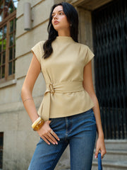 Belted Mock Neck Short-Sleeve Blouse