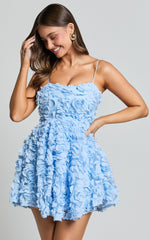 Alvia Mini Dress - 3d Flower Full Skirt Dress in Soft Blue