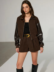 Faux Leather Panel Corduroy Zip-Up Jacket