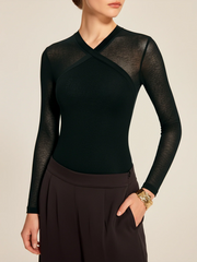 Sheer Panel Cross-Front Long Sleeve Bodysuit