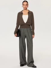 2 in 1 Color-Block Wool Blend Polo Collar Sweater