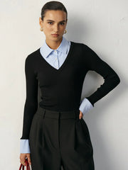 2 in 1 Striped Shirt Panel Ribbed Bodysuit