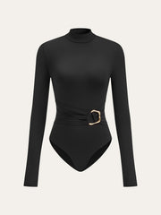 Metal Buckle Stand Collar Long Sleeve Bodysuit