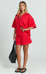 Kahlani Two Piece Set - Collared Short Sleeve and High Waisted Shorts in Red