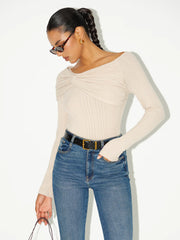 Asymmetric Twist-Front Ribbed Knit Top