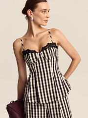 Gingham Spaghetti Strap Peplum Top with Lace Trim