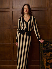 Two-Tone Pinstripe V-Neck Button Sweater Skirt Set