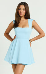 Adira Mini Dress - Square Neck Corset Bodice Pleat Skirt Backless Dress in Blue