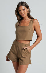 Salvador Two Piece Set - Linen Sleeveless Crop Top and High Waisted Tailored Shorts in Olive