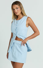 Nicolina Top - Linen Scoop Neck Button Down Vest Top in Pale Blue