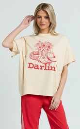 Alena Top - Oversized Darlin Print Tee in Beige