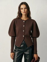 Leg-Of-Mutton Sleeve Heart-Button Wool Blend Cardigan