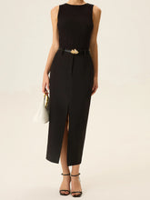 Belted Pocket Slit Midi Skirt