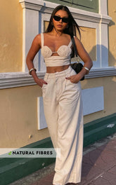 Hadley Two Piece Set - Linen Embroidered Tie Back Top and High Rise Wide Leg Pant in Oatmeal