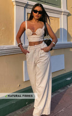 Hadley Two Piece Set - Linen Embroidered Tie Back Top and High Rise Wide Leg Pant in Oatmeal