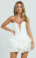 Shirley Mini Dress - Plunge Tulle Skirt Dress in Off White