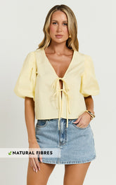 Dana Top - Bow Tie Front Puff Sleeve Blouse in Lemon