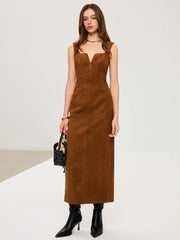 Suede Effect Low-Neck Sleeveless Maxi Dress