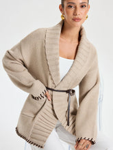 Contrast Stitched Shawl Collar Belted Knit Outerwear