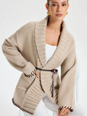 Contrast Stitched Shawl Collar Belted Knit Outerwear