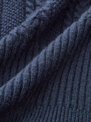 Denim Collar Cable Knit Button-Front Peplum Cardigan