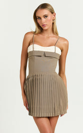 Aaron Mini Dress - Strappy Fit And Flare Pleat Skirt Dress in Light Brown