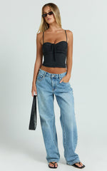 Clare Top - Gathered Front Bow Strappy Crop Top in Black