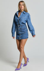 Collins Top - Long Sleeve Button Through Denim Shirt in Mid Blue Wash