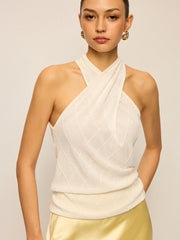 Halter Neck Knit Top with Cross-Strap Neckline
