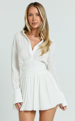Valerie Mini Dress - Collared Long Sleeve Corset Waist Shirt Dress in White