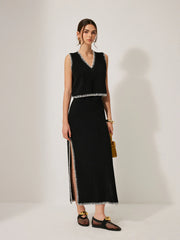 Contrast Trim Knit Tank Top With Skirt Set