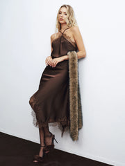 Lace Trim Satin Asymmetric Backless Midi Dress