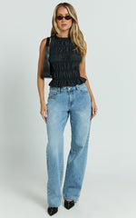 Aphrodite Top - Boat Neck Sleeveless Ruched Detail Top in Black