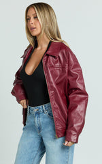 Chloe Jacket - Faux Leather Bomber Jacket in Wine