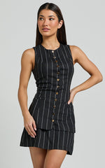 Calvin Two Piece Set - Tailored Scoop Neck Vest Top and A Line Mini Skirt Set in Black